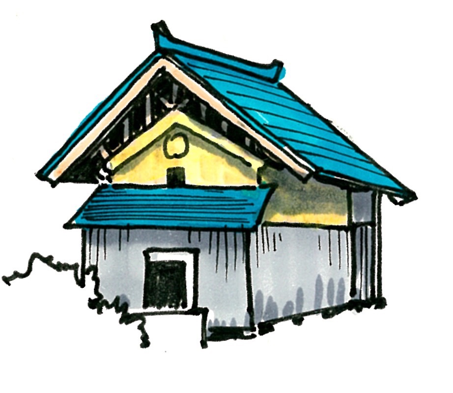 Blue OKIYANE-Roof KURA-earthen Storehouse in GOKUNYU Hamlet